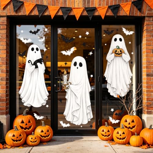 Halloween Ghost Window Clings - Extra Large Spooky Bats, Cats & Pumpkins, 3 Sheets, Indoor Outdoor Decorations - Variation: Ghost