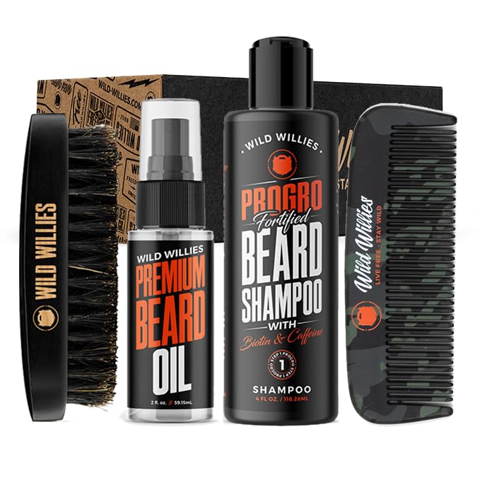 Wild Willies Beard Care Kit for Men - Beard Grooming Set with Oil, Shampoo, Comb & Brush - Men’s Care Set