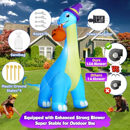 Giant Halloween Inflatable Dinosaur with LEDs, Pumpkin & Witch Hat - Outdoor Yard Decor