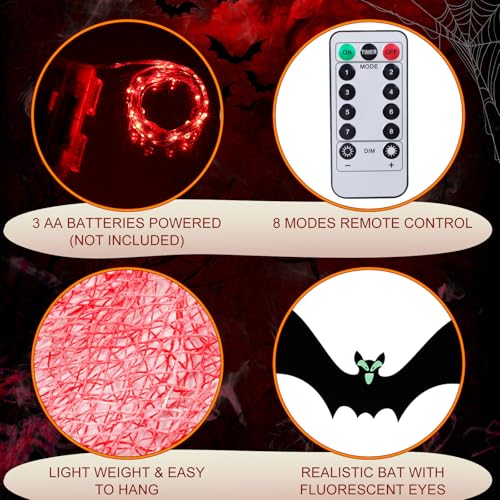 Halloween Hanging Bat Decorations with LED Lights and Creepy Cloth - Red, 24 pcs