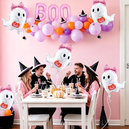 Pastel Pink Ghost Balloons Set with Bows & Pumpkins - Halloween Party Decor