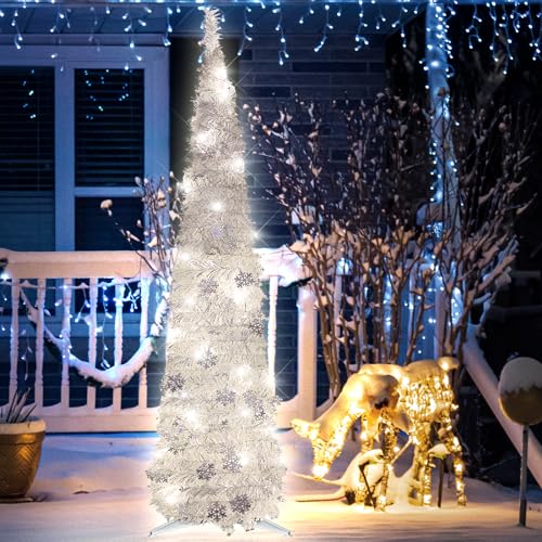 5FT Silver White Pop Up Christmas Tree with Snowflake & 60 Lights - Space Saving Holiday Decor