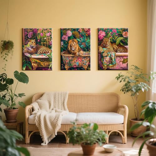Large Bathroom Leopard Wall Art - 3 Piece Jungle Animal Canvas Prints 16x24in Framed - Variation of 24L x 16W