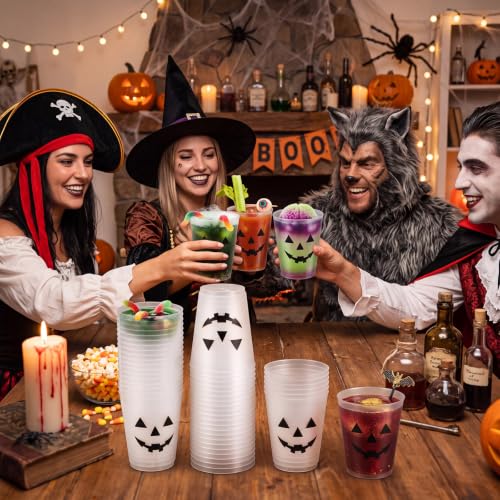 Halloween Black 16 oz Frosted Plastic Pumpkin Face Cups - Bulk Set