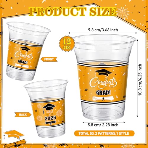 Orange Graduation Cups 12 oz 50 Pack Class of 2026 Party Supplies