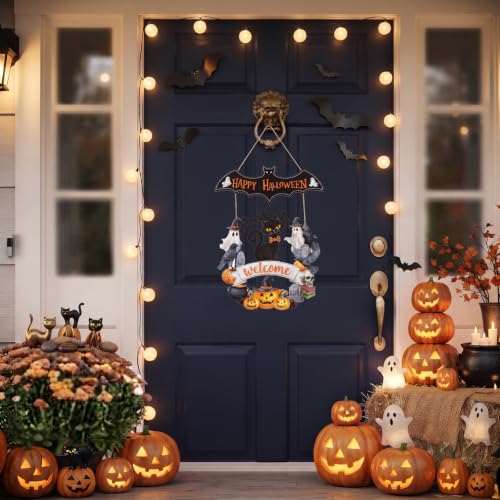 Halloween Ghost Wood Door Sign with Wreath - Spooky Fall Decor