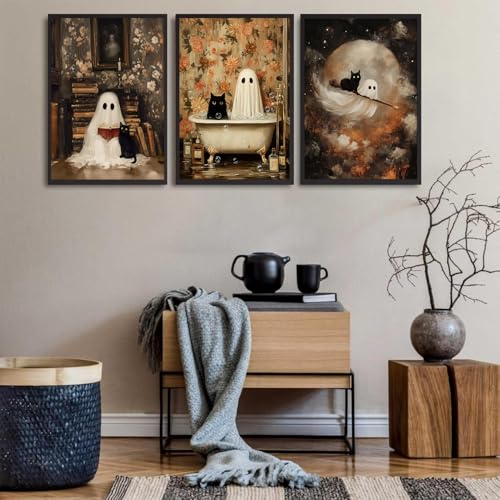 Halloween Ghost Wall Art Set - Gothic Moody Ghosts & Black Cat Poster 24x16 Inches