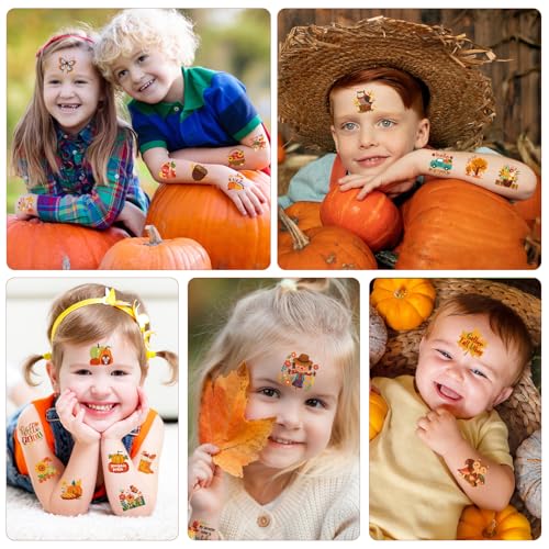 Kids Fall Temporary Tattoos Set - 96 Leaves, Animals, Pumpkins & Harvest Designs