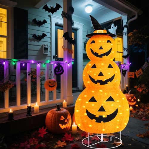 5Ft Collapsible Halloween Pumpkin Decorations with 100 LED & 8 Modes - Battery Operated, Indoor Outdoor Yard Party Fall