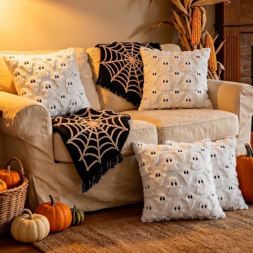 Set of 4 Halloween Ghost Pillow Covers 18x18 Plush Cushion Decor