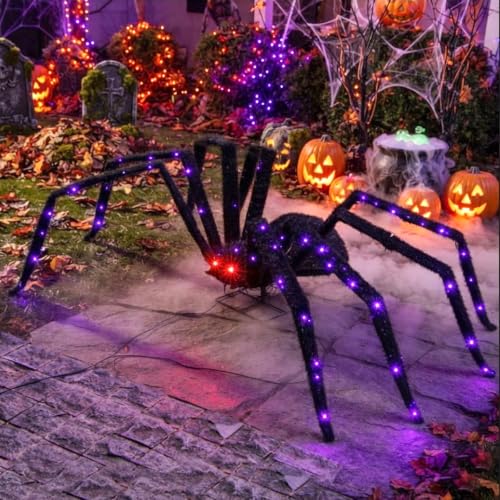 Giant Outdoor Halloween Spider Decoration 4.3ft Lighted Black Spider with 6 Modes & 100 LED Lights
