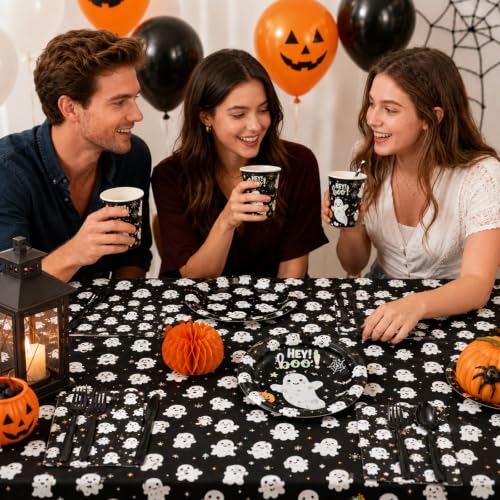 Halloween Ghost Paper Plate & Napkin Set - Black Ghost Variation, 168 Pieces for 24 Guests