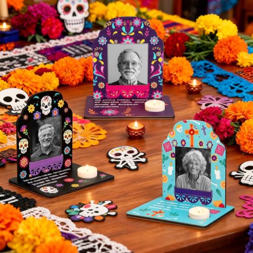 Dia De Los Muertos Photo Frame Set with Candle Holders - Mexican Fiesta Decor