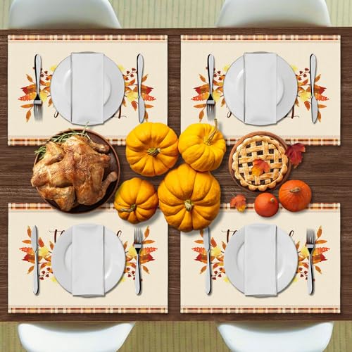 Thankful Fall Placemats Set of 4 - Pumpkin & Maple Leaf Table Decor, 12x18 Seasonal Autumn Tableware, Thanksgiving Kitchen Holiday - Cd-002