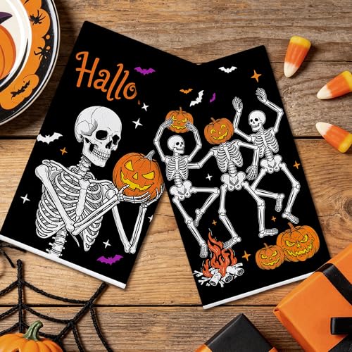 Hexagram Halloween Skeleton Kitchen Towels - Black 18x28 Inch Set of 2
