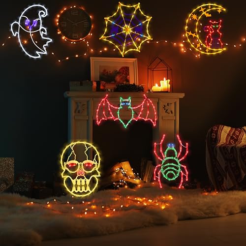 16-Inch Halloween Window Silhouette Lights with Spider Web, Ghost, Bats, Skull, Cat on Moon - 6 Pack