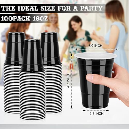Black Plastic 16oz Disposable Party Cups - 100 Pack, Suitable for Events & Outdoor Gatherings