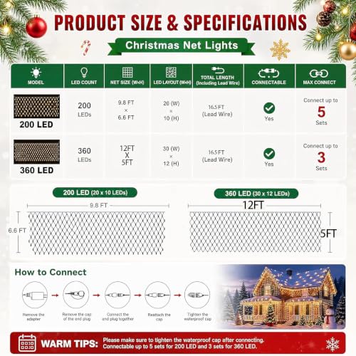 Christmas Net Lights 360 LED Waterproof String Lights - Red & Green, 12ft x 5ft, 8 Modes, Connectable Outdoor Decor