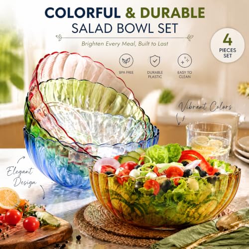4 Pack Plastic Serving Bowls - 74oz Salad & Snack Bowls, Break-Resistant, Multicolor