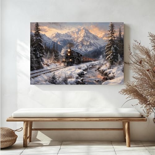 Winter Train Scenery Canvas Wall Art Poster - A01 18x12 Inches, Farmhouse & Living Room Decor