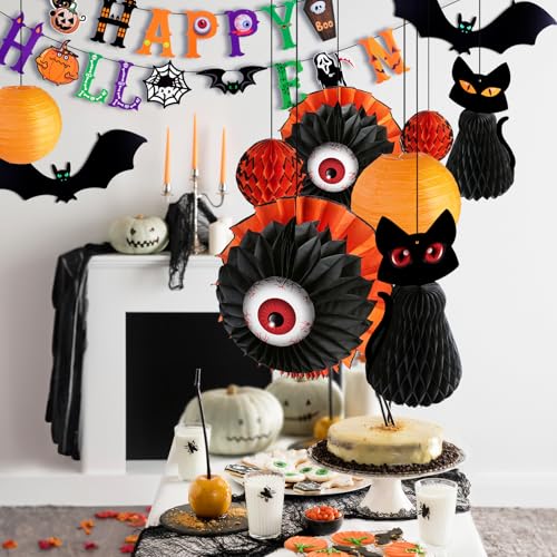 Halloween Paper Lantern Decorations Set with Black Cat Eyeball Bats Banner - Indoor Party Props