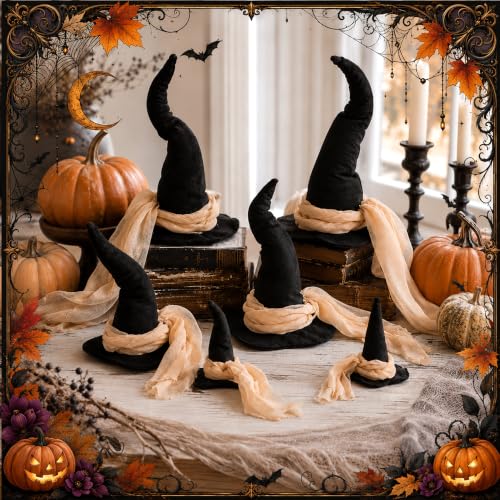 Halloween Witch Hat Centerpieces Set - 6 Pcs, 3 Sizes with Gauze Ribbon - A Style