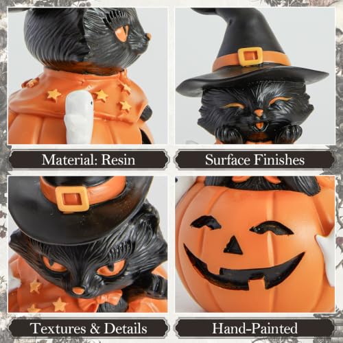 Halloween Black Cat Pumpkin Decor Set of 2 - Spooky Fall Home Party Decorations - Black & Orange
