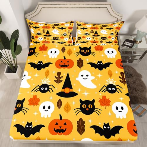 Halloween Queen Fitted Sheet Set Cartoon Pumpkin Lantern Ghost Bed Cover Variation of Multi 03