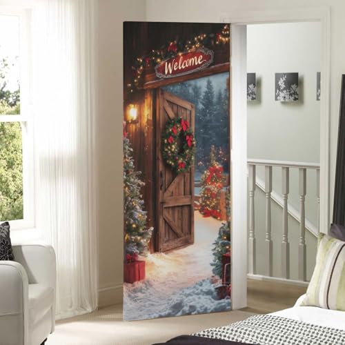 Welcome Christmas Door Cover - Stretch Fabric Porch Decor 35x79 Inches - Holiday Doorway Decoration