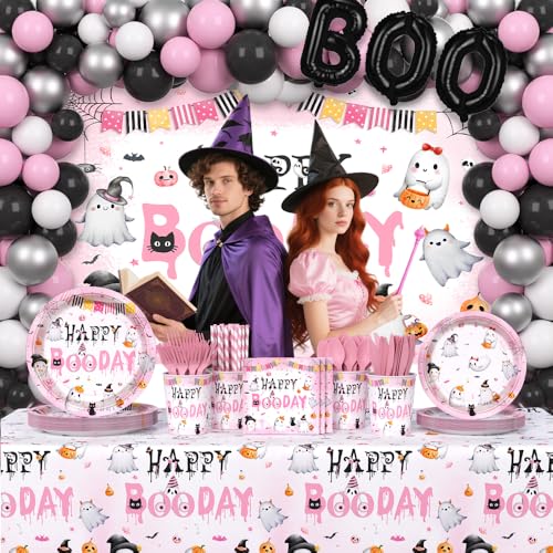 Halloween Birthday Party Supplies Set with Plates Balloons Banner and Tablecloth - Pink Boo Day Theme