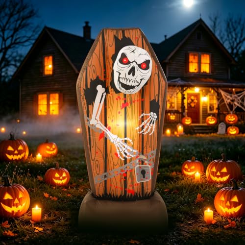 5FT Inflatable Halloween Coffin Decor with LED Skeleton & Weather-Resistant Material