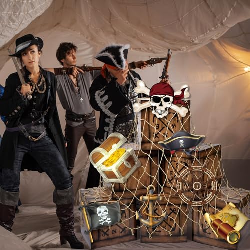 Pirate Party Decorations Set with Treasure Boxes, Adventure Cardboards & Fishing Net
