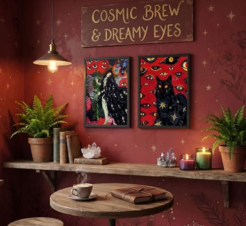 Hippie Black Cat Wall Art Canvas Posters - Mystical Animal Eyes Stars Set - 24x16 Inches, Framed Style