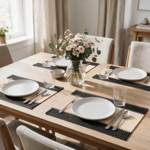 Black Paper Woven Stripe Placemats Set of 4 - 12x18 Inch