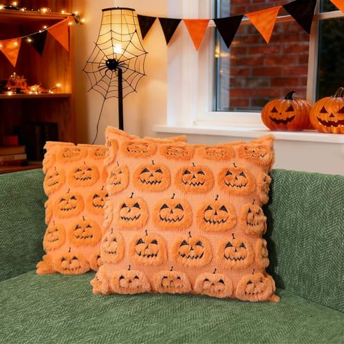 Halloween Grinning Pumpkin Throw Pillow Covers 18x18 Set of 2 Fall Decorations