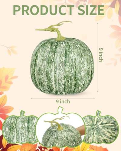Round 9x9 Inch Artificial Pumpkin Fall Decor - Green Rustic Halloween Thanksgiving