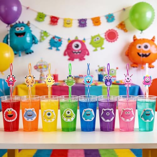Reusable Monster Drinking Straws Set - 24 Colorful Kid & Party Favours