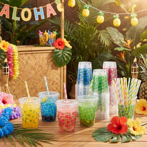 72 Summer Disposable Plastic Cups with Lids & Straws - Hawaiian Tropical Design