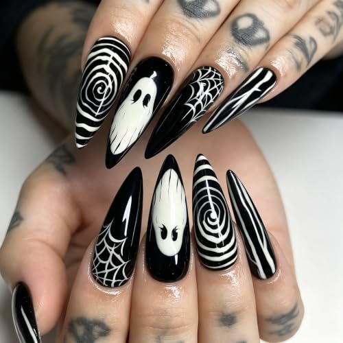 Ghost Swirl Style Halloween Fake Nails - Long Almond Press On Nails with Spider Web Design - Reusable Glossy Artificial Nails for Women
