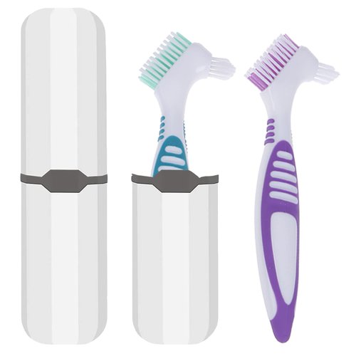Geodurn Denture Brush, 2 Pieces False Teeth Toothbrush with White Carrying Case, Green and Purple Multi-Layered Bristles with Ergonomic Rubber Handle for Dentures Cleaning