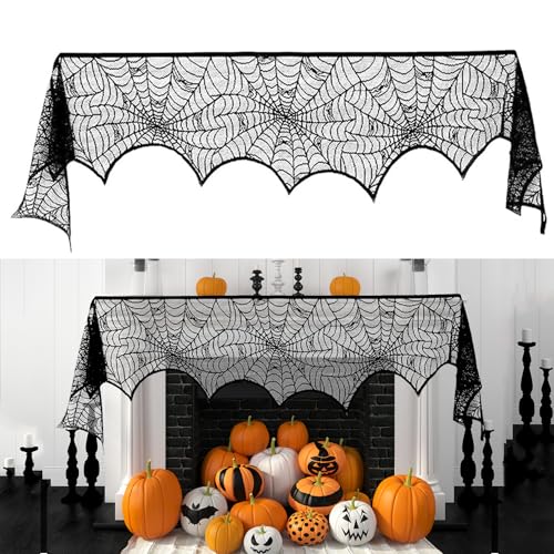 Halloween Fireplace Decorations 18 x 96 Inch Spiderweb Mantle Scarf Black Lace