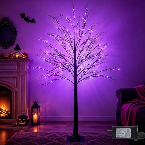 Purple 6FT Lighted Halloween Tree with 128 LED Lights & 8 Modes - Waterproof Indoor Outdoor Decoration