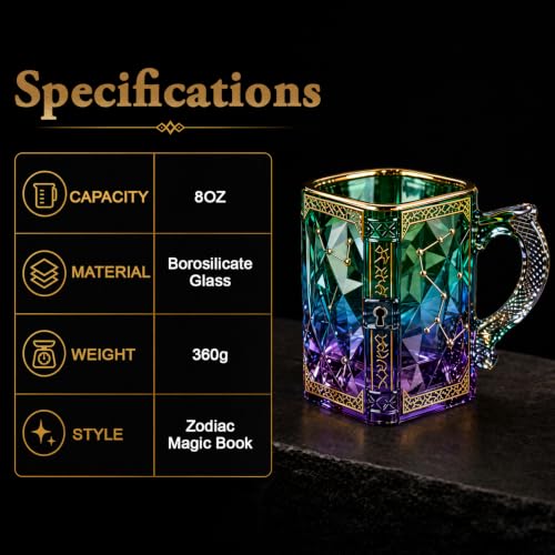 Celestial Zodiac Glass Mug - Scorpio Edition with Dragon Scale Handle - Green & Purple 8 oz Coffee Tea Cup