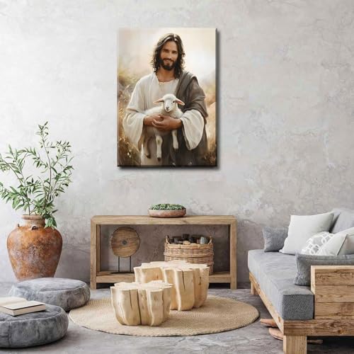 Jesus and Lamb Canvas Wall Art - Wrapped 24"L x 16"W Christian Religious Decor