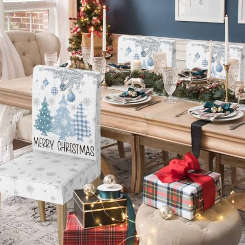 Blue Christmas Chair Covers Set of 6 - Durable Spun Polyester Holiday Decor