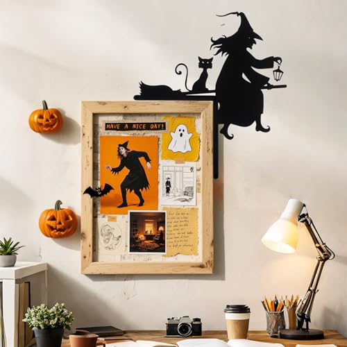 Black Halloween Door Corner Sign Witch on Broom and Cat Metal Decor - Home & Party