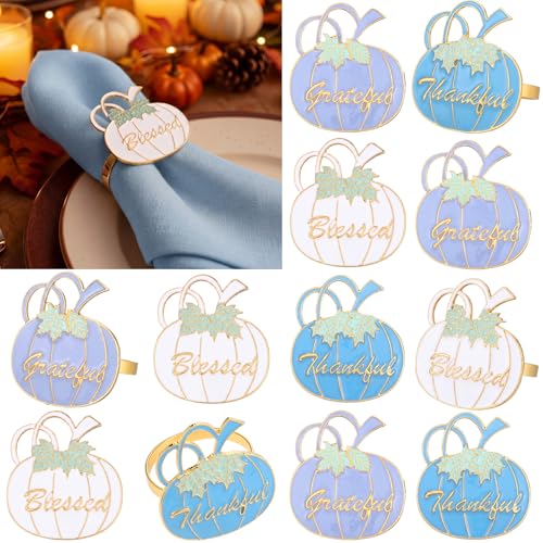 Willbond 12 Pcs Fall Thanksgiving Pumpkin Napkin Rings - Blue & White