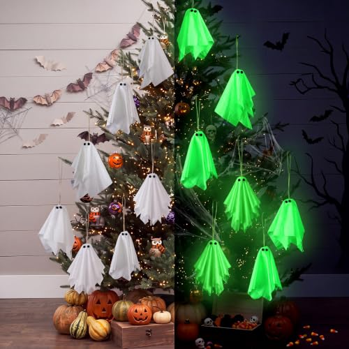 Halloween Hanging Ghost Decorations Set - Glows in the Dark, 24 Pieces