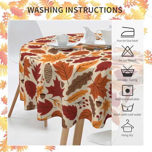 Fall Maple Leaf Round Tablecloth 60 Inch - Autumn Waterproof Decor, Yellow