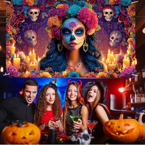 Halloween Banner 71x43 Inch Day of the Dead Sugar Skulls Backdrop - Variation 82